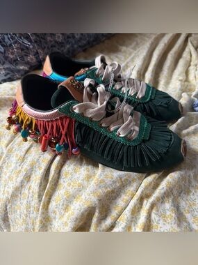 Kurt Geiger Green Fringe Lace-Up Sneakers with Multicolor Bead Accents